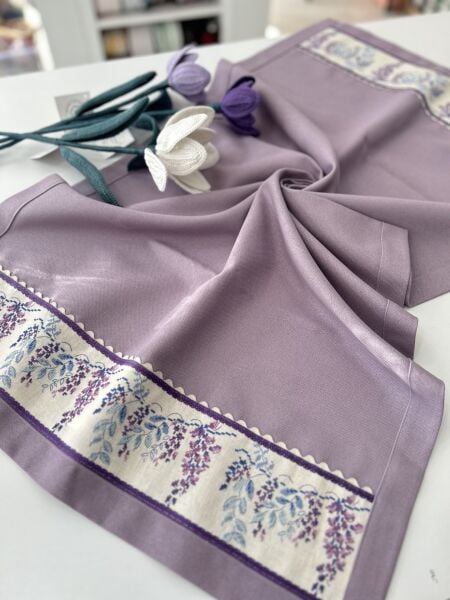 Mor Salkım Keten Bordür Kanaviçe İşleme Malzeme Kiti