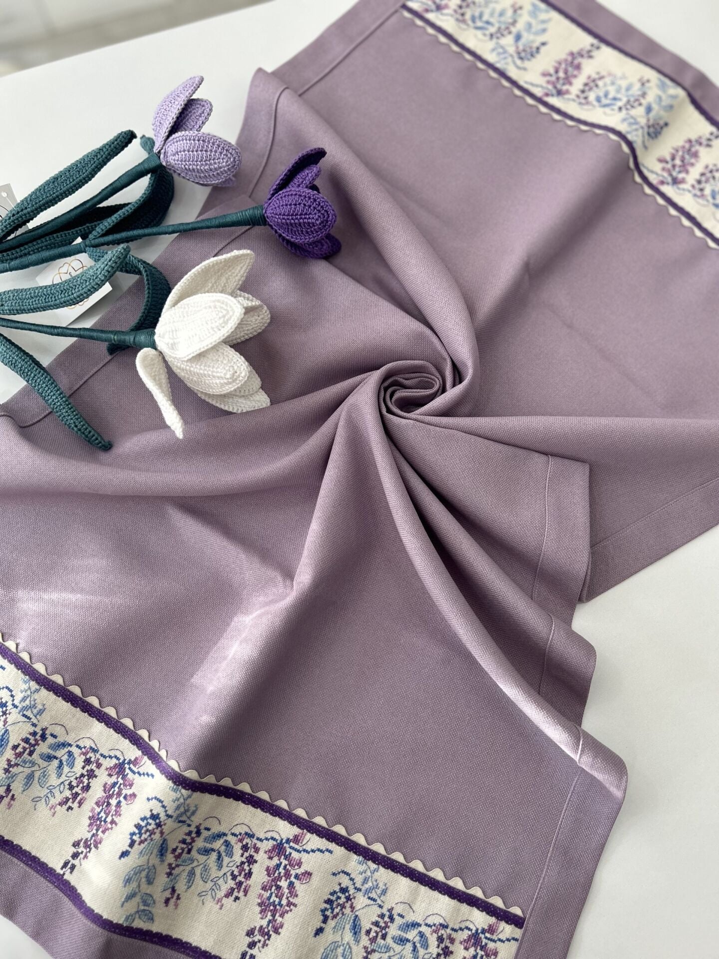 Mor Salkım Keten Bordür Kanaviçe İşleme Malzeme Kiti