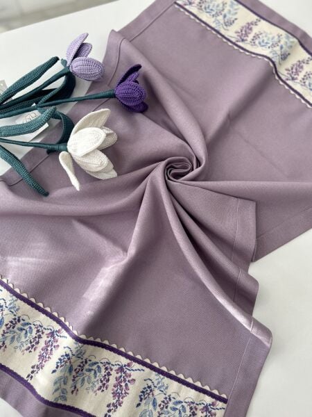 Mor Salkım Keten Bordür Kanaviçe İşlemeli Runner Örtü