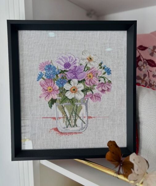 Mor Tonlarda Kanaviçe  Çiçek İşlemeli Tablo Malzeme Kiti