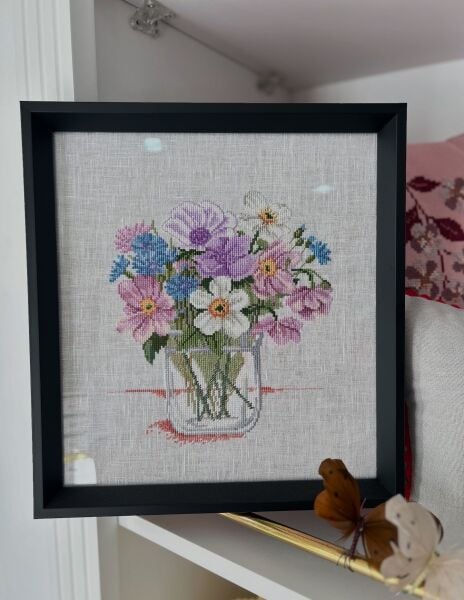 Mor Tonlarda Kanaviçe  Çiçek İşlemeli Tablo Malzeme Kiti