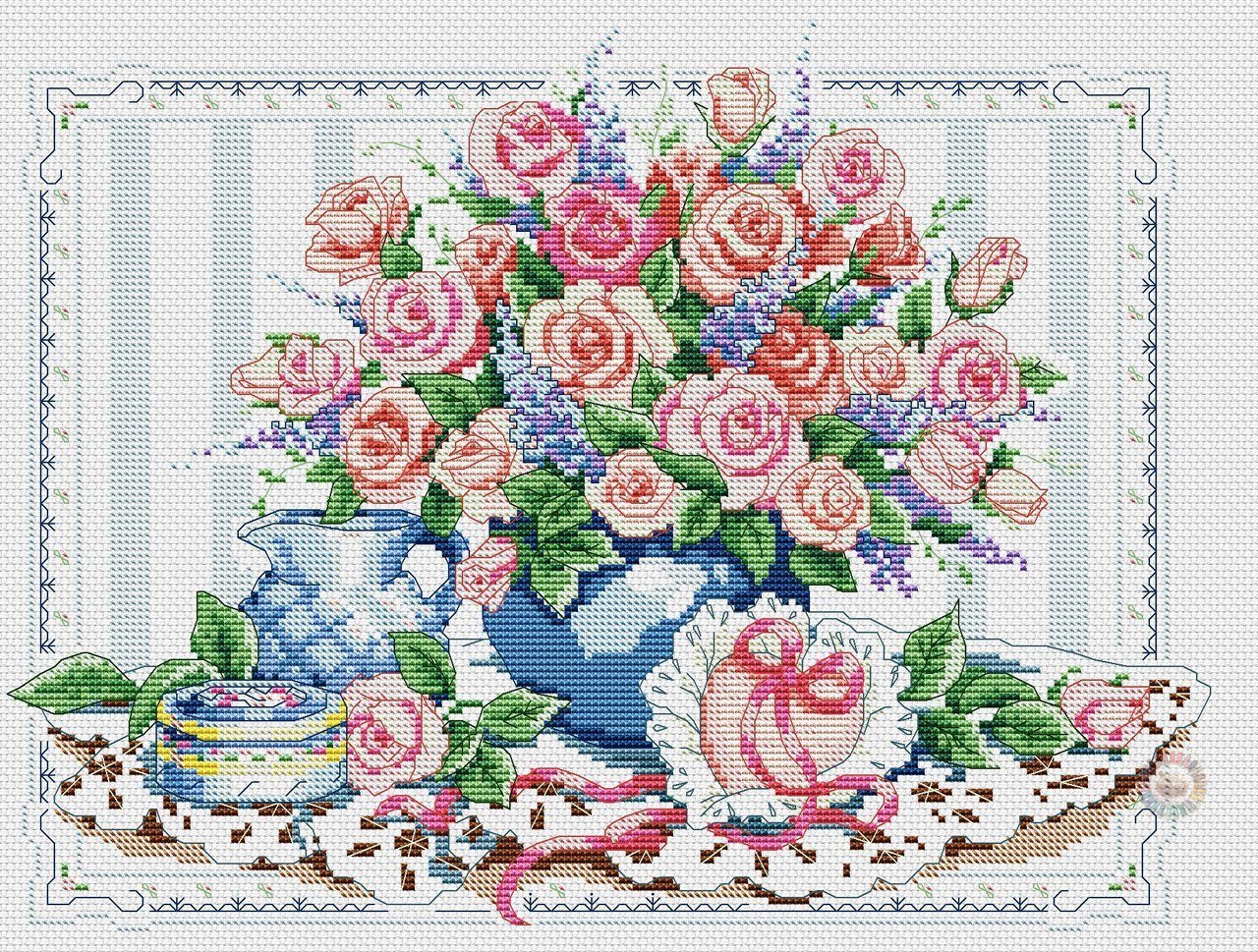 Mavi Vazolu Güller Kanaviçe Kiti