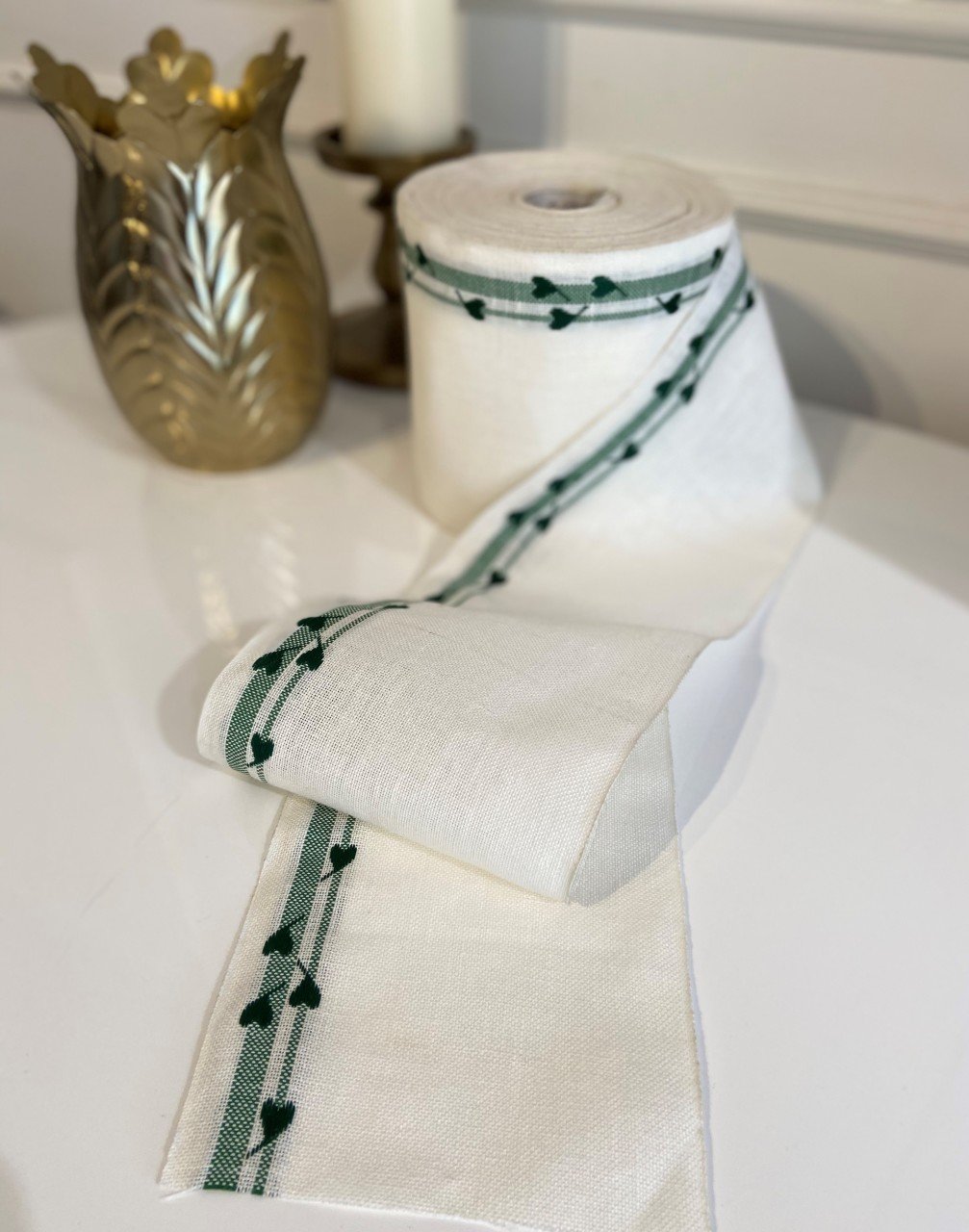 İşleme Keten Bordür 15 cm Kalp Detaylı