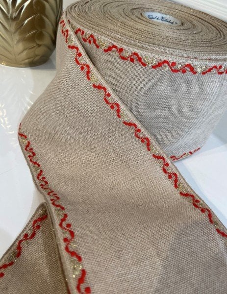 İşleme Keten Bordür 11 cm Toprak Kırmızı simli