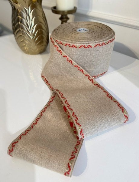 İşleme Keten Bordür 11 cm Toprak Kırmızı simli