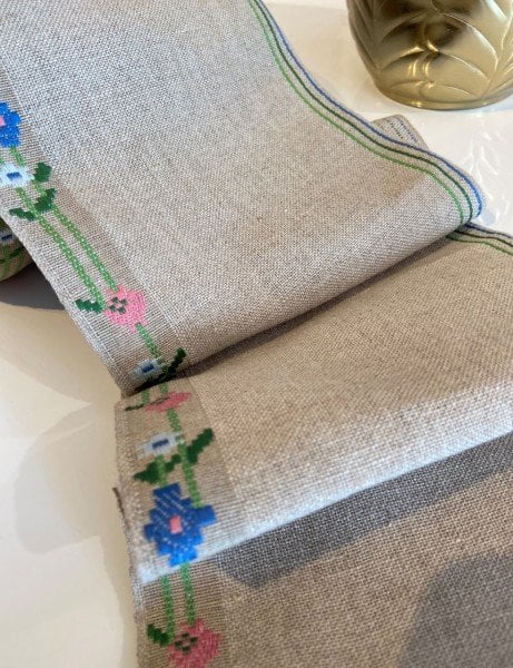 İşleme Keten Bordür 17 cm Toprak Mavi/Pembe Çiçekli