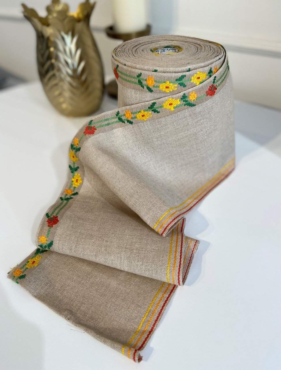 İşleme Keten Bordür 17 cm Toprak Sarı Çiçekli