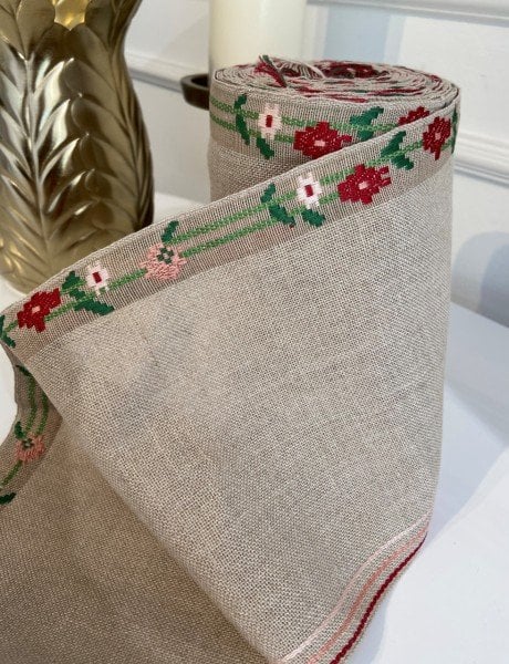 İşleme Keten Bordür 17 cm Toprak Kırmızı Çiçekli
