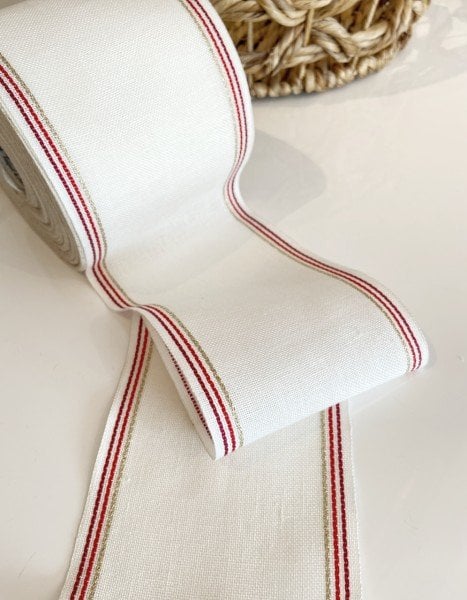 İşleme Keten Bordür 12 cm Beyaz Kenarı Kırmızı Simli
