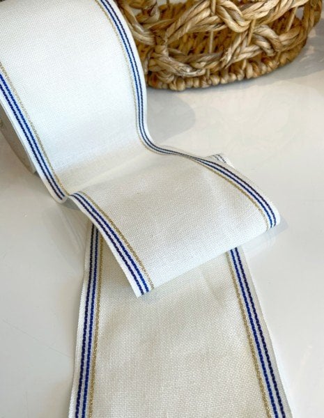 İşleme Keten Bordür 12 cm Beyaz Kenarı Mavi Simli