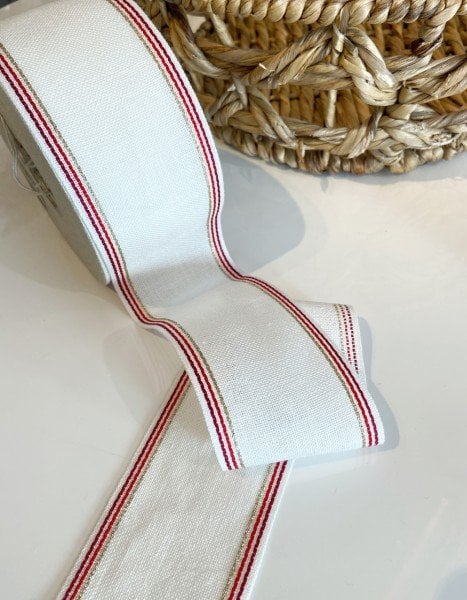 İşleme Keten Bordür 7 cm Beyaz Kenarı Kırmızı Simli