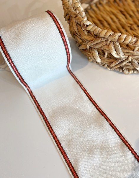 İşleme Keten Bordür 12 cm Beyaz Kenar Kırmızılı