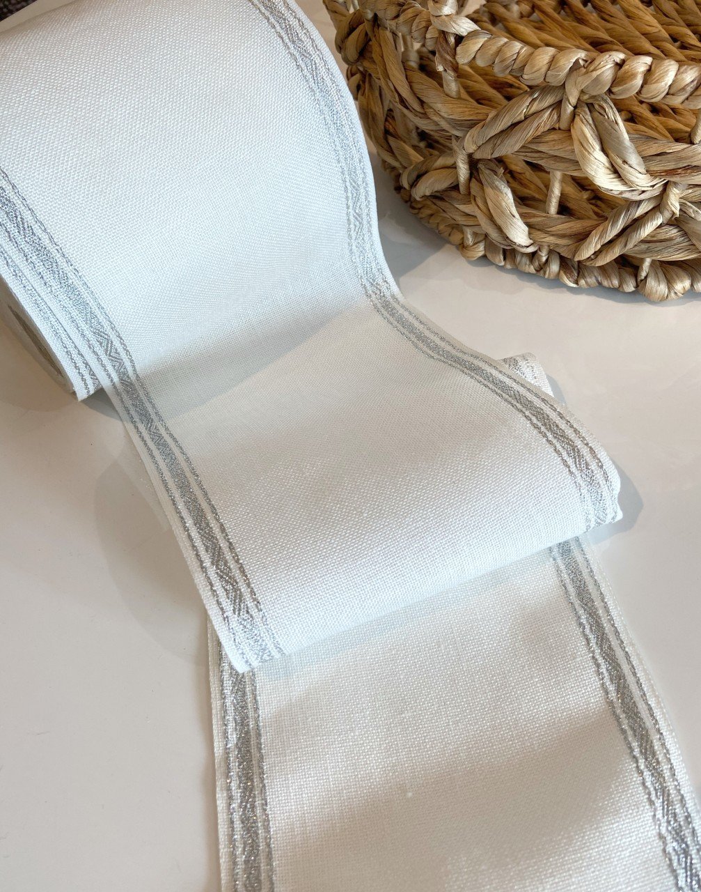 İşleme Keten Bordür 15 cm Beyaz Simli