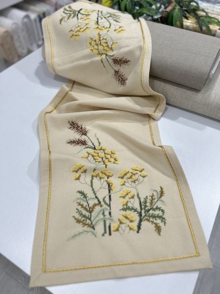 Natur Krem Renk Kanaviçe Runner Örtü